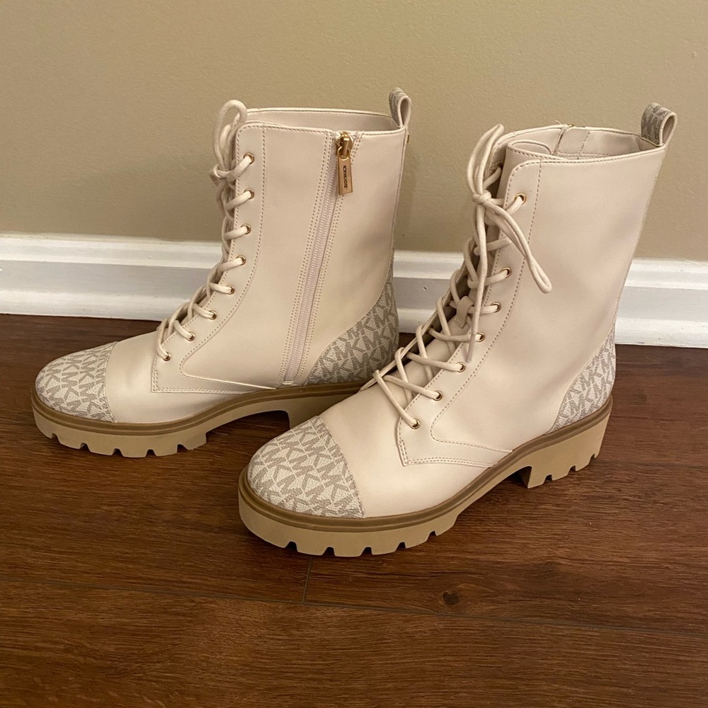 Michael Kors Beige Lace-Up Logo Toe Combat Boots